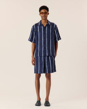 Shibori stripe cuffed camp collar shirt
