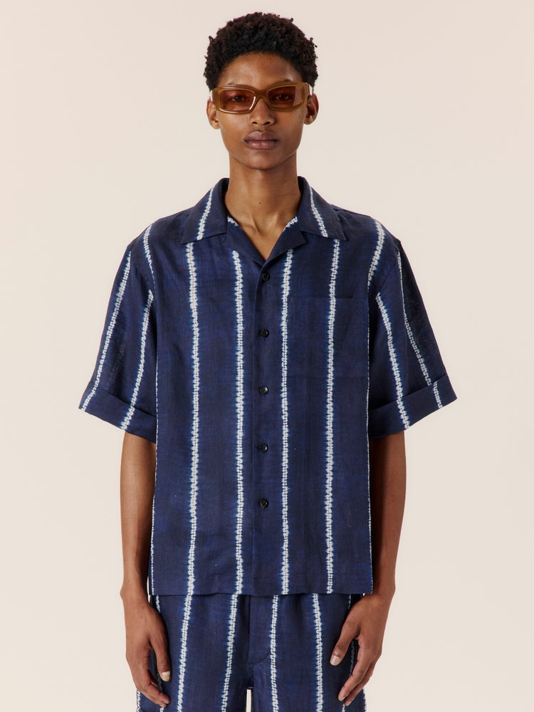 Shibori stripe cuffed camp collar shirt