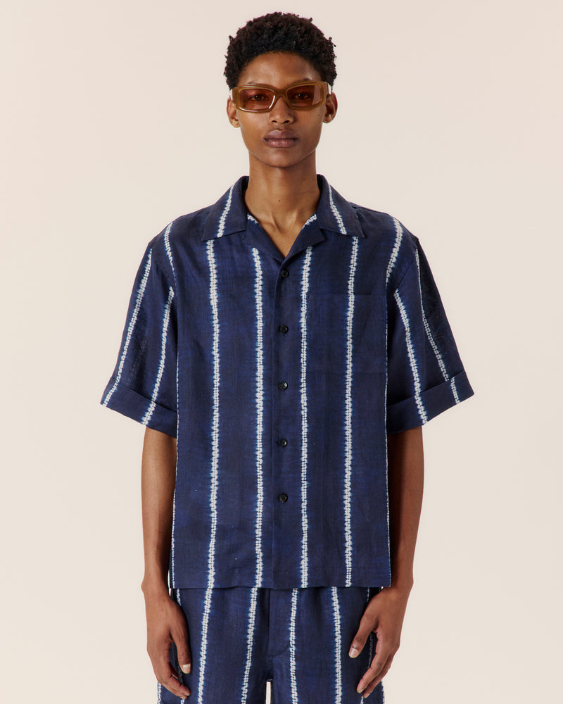 Shibori stripe cuffed camp collar shirt