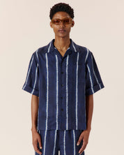 Shibori stripe cuffed camp collar shirt