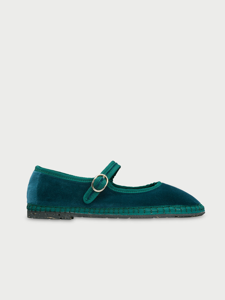 Leonor velvet mary jane in dark green with dark green piping and buckle closure