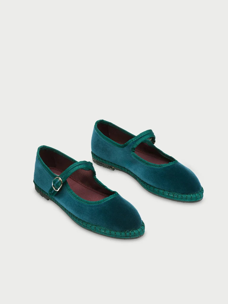 Leonor velvet mary jane in dark green with dark green piping and buckle closure