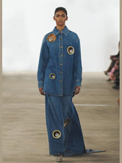 Crystal eyelet wide leg jean