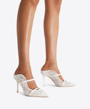 MAUREEN 85 WHITE LACE HEELED MULES