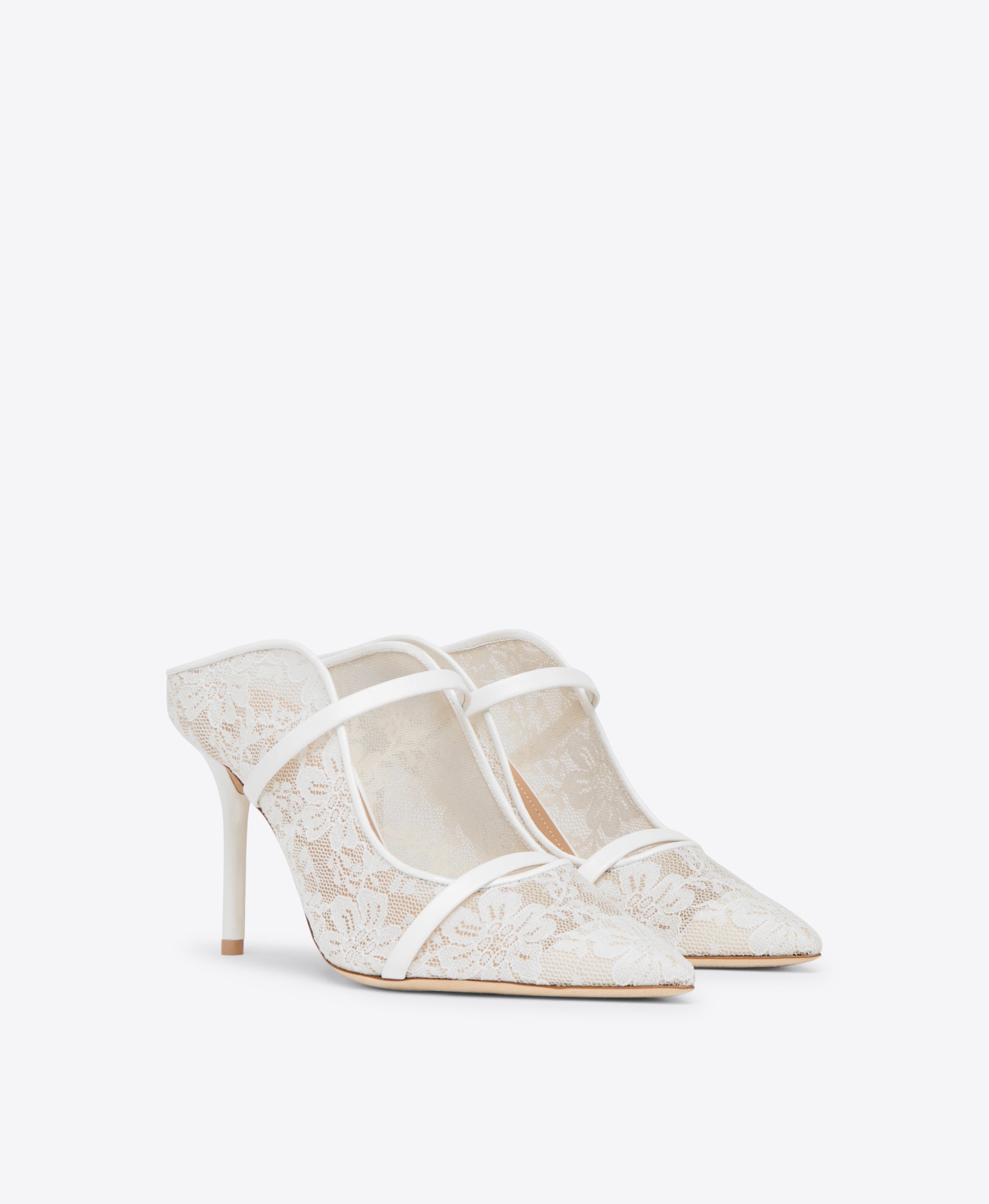 MAUREEN 85 WHITE LACE HEELED MULES
