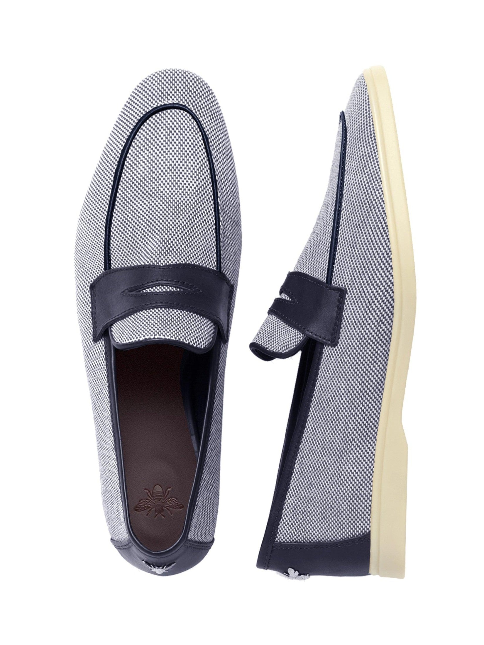 Beige and blue cotton and leather mens loisir gomme