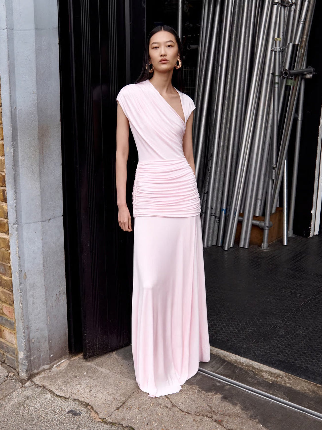 Pink jersey draped maxi dress