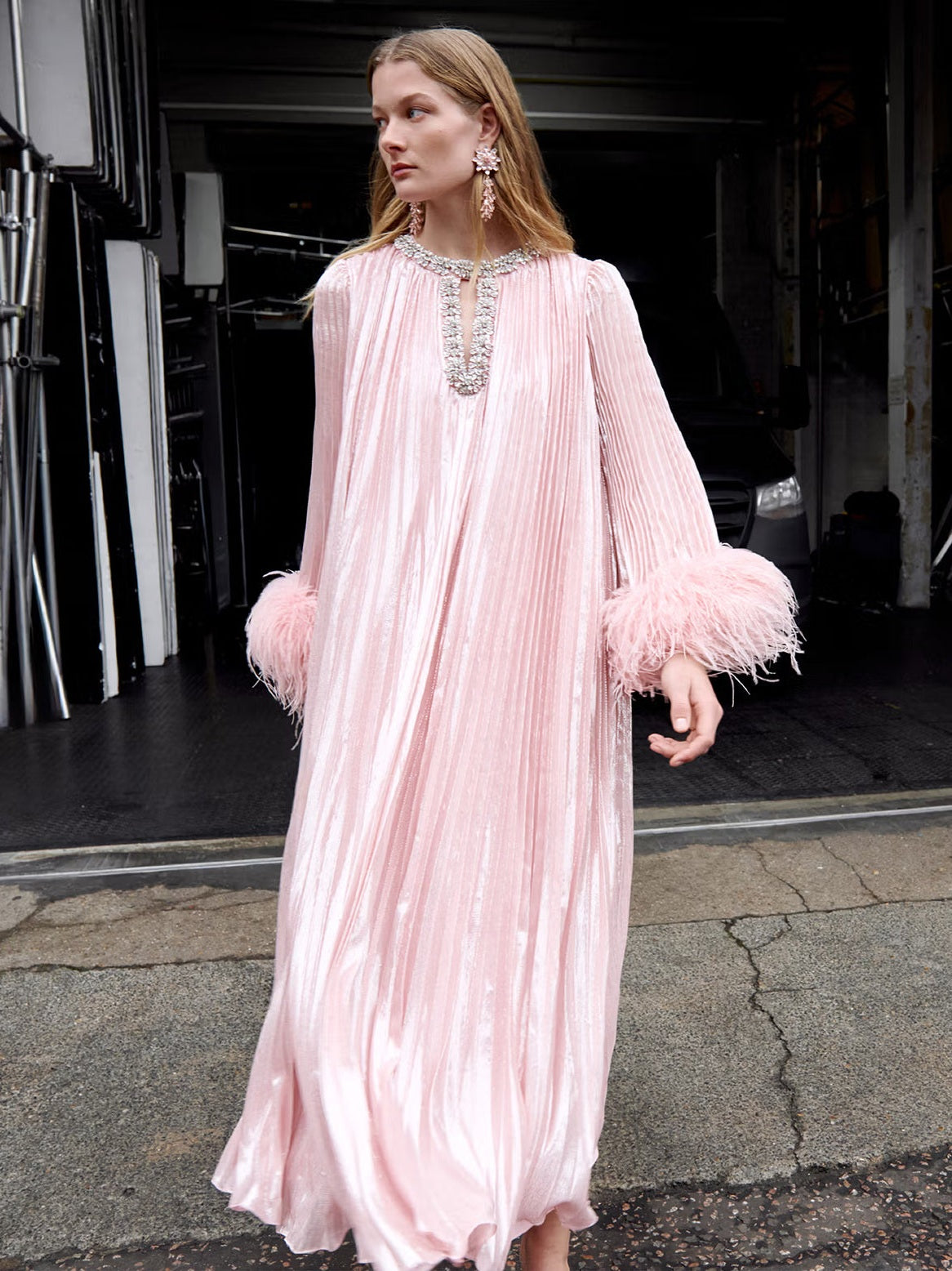 Pink metallic chiffon feather midi dress