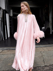 Pink metallic chiffon feather midi dress