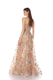 MIDNIGHT EMBROIDERED GOLD FLORAL GOWN