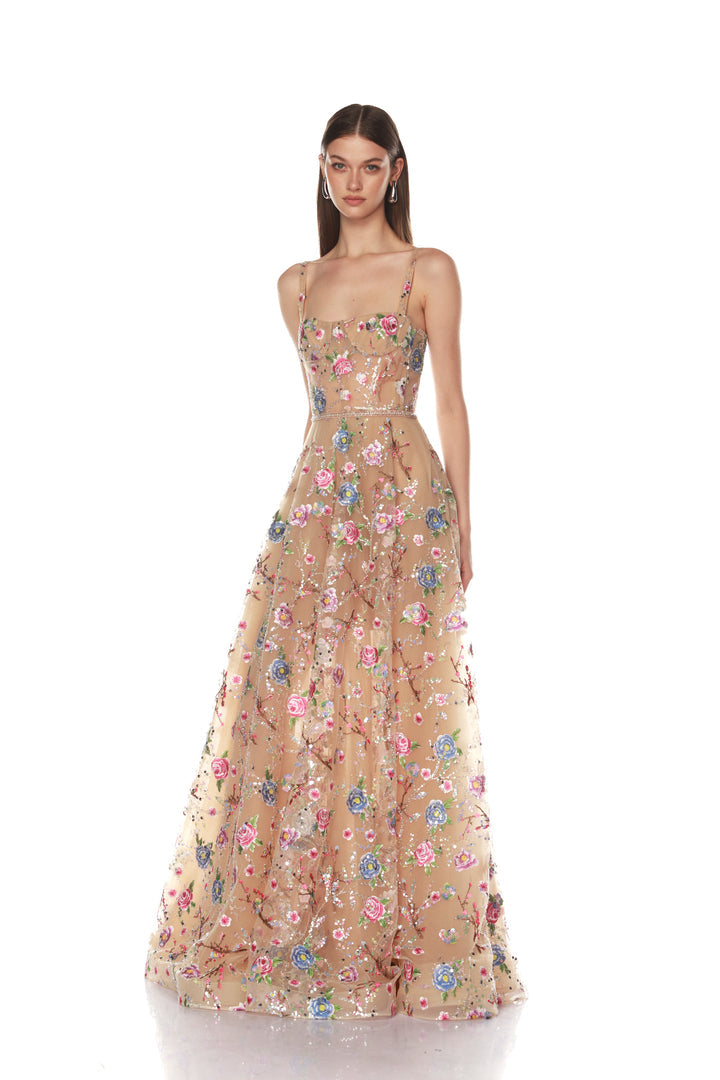 MIDNIGHT EMBROIDERED GOLD FLORAL GOWN