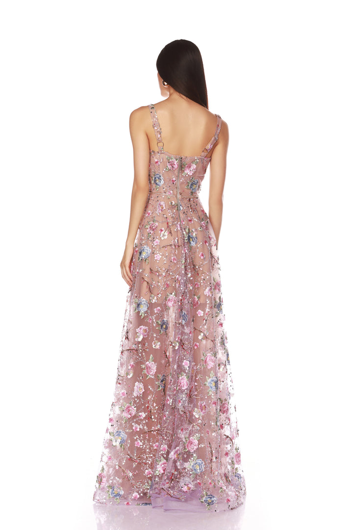 MIDNIGHT EMBROIDERED LILAC FLORAL GOWN