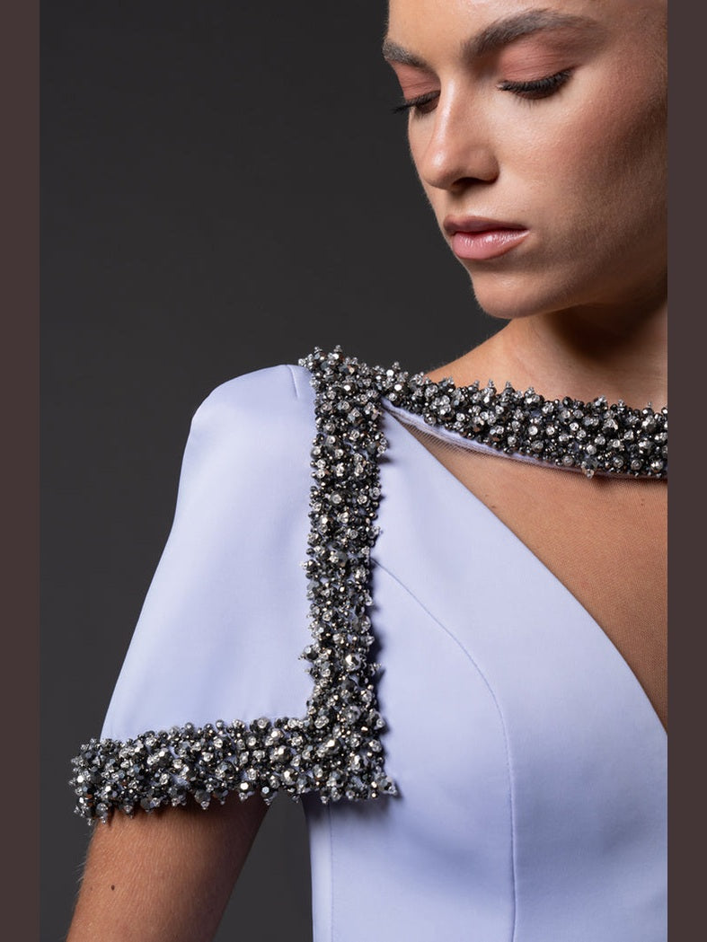 Scuba crepe dress with crystal embroidered neckline and sleeves