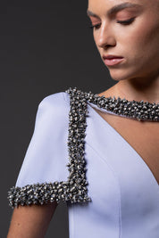 Scuba crepe dress with crystal embroidered neckline and sleeves