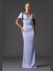 Scuba crepe dress with crystal embroidered neckline and sleeves
