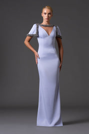 Scuba crepe dress with crystal embroidered neckline and sleeves