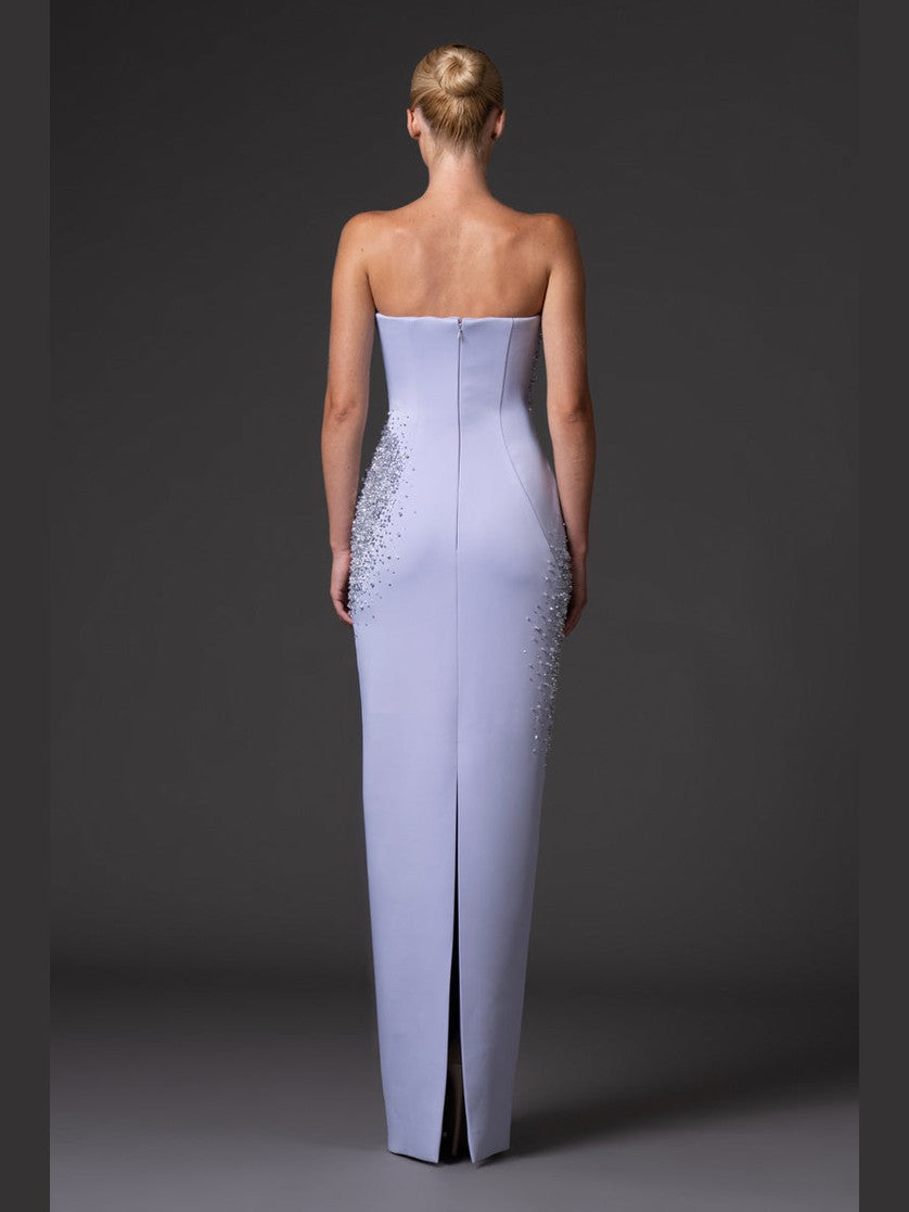 Strapless scuba crepe dress with crystal embroidery