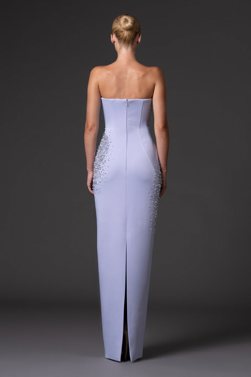 Strapless scuba crepe dress with crystal embroidery