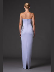 Strapless scuba crepe dress with crystal embroidery