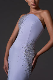 Strapless scuba crepe dress with crystal embroidery