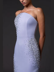 Strapless scuba crepe dress with crystal embroidery