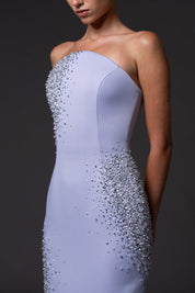 Strapless scuba crepe dress with crystal embroidery