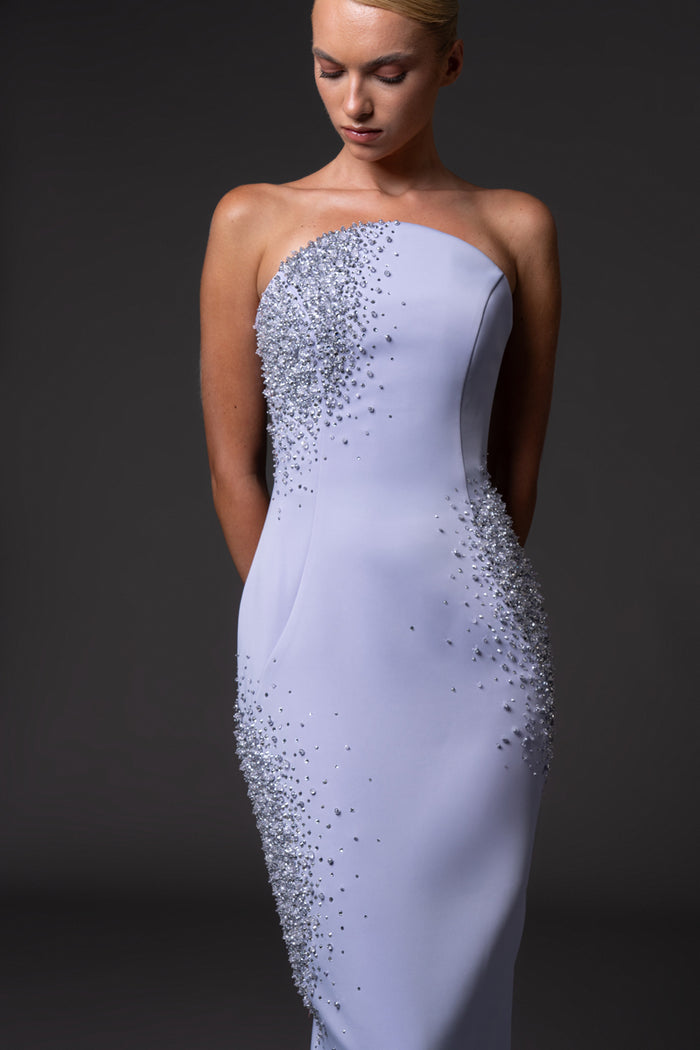 Strapless scuba crepe dress with crystal embroidery