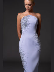 Strapless scuba crepe dress with crystal embroidery