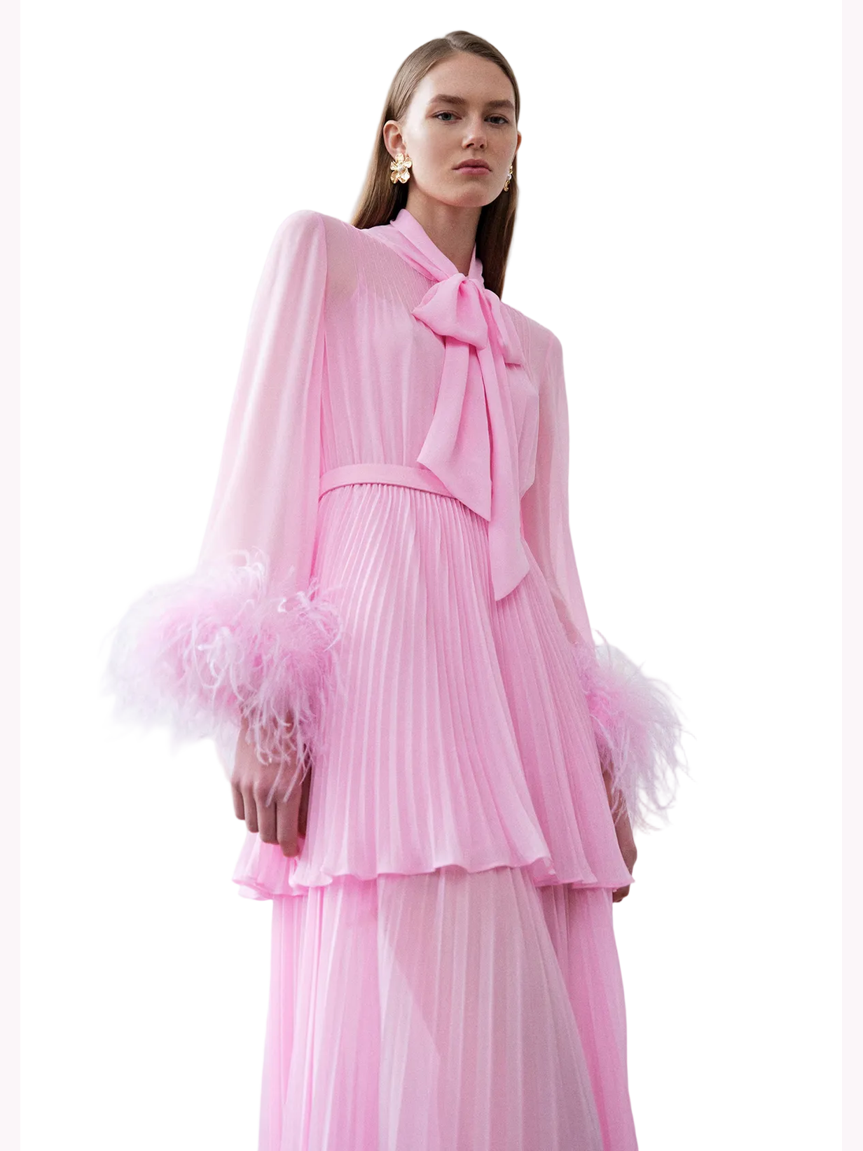 Pink georgette feather cuff maxi dress