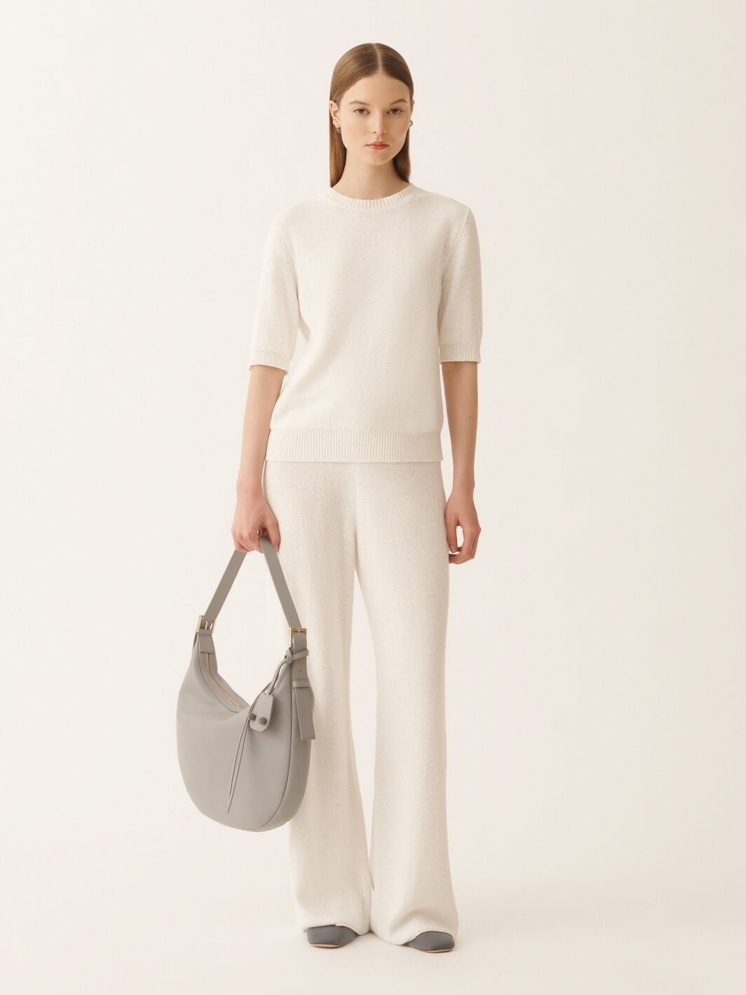 White cotton and linen pants with sequins