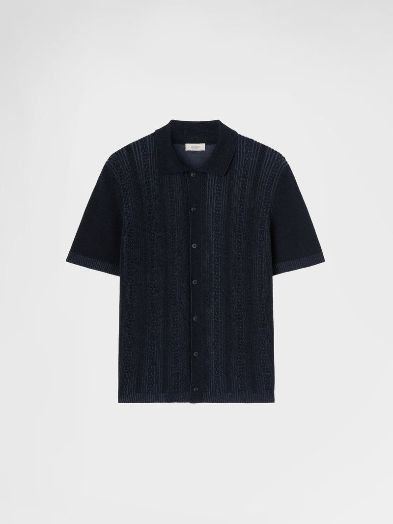 Linen blend stitch polo shirt dark blue