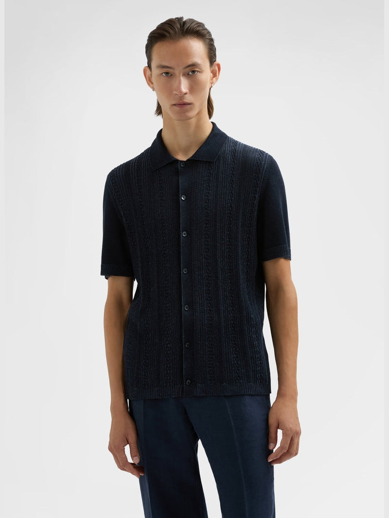 Linen blend stitch polo shirt dark blue