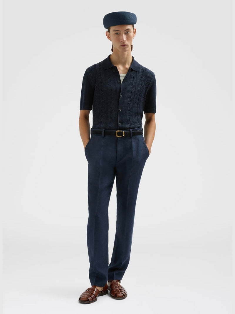 Linen blend stitch polo shirt dark blue