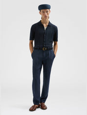 Linen blend stitch polo shirt dark blue