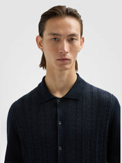 Linen blend stitch polo shirt dark blue