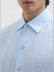 Linen stripes one piece collar shirt - light water