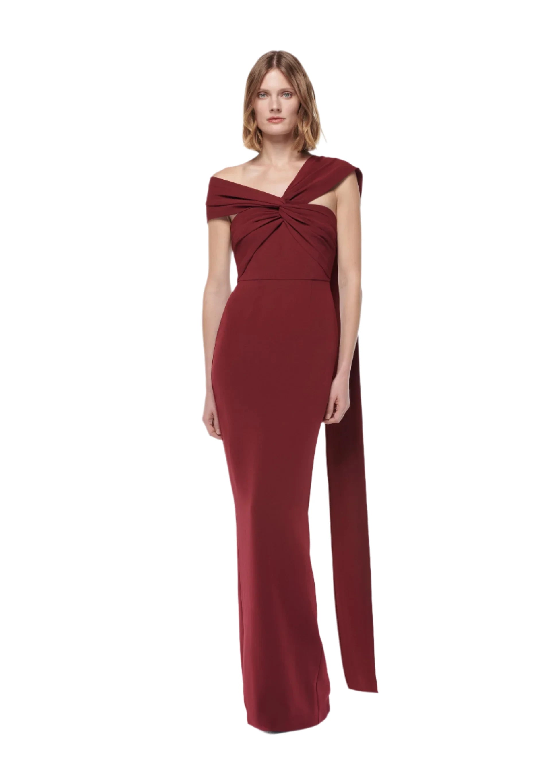 ASYMMETRIC LIGHT CADY GOWN  BURGUNDY