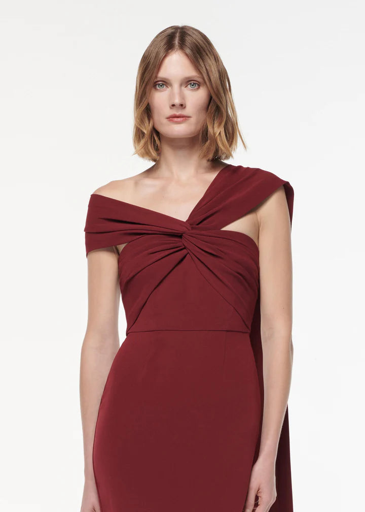 ASYMMETRIC LIGHT CADY GOWN  BURGUNDY