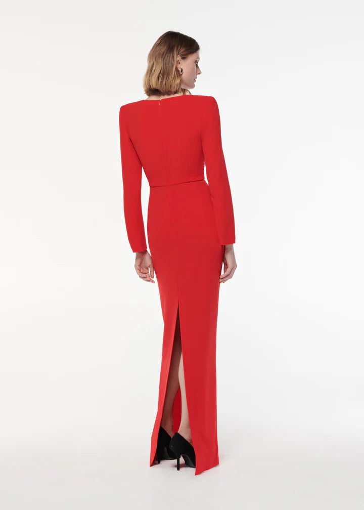 LONG SLEEVE LIGHT CADY MAXI DRESS RED