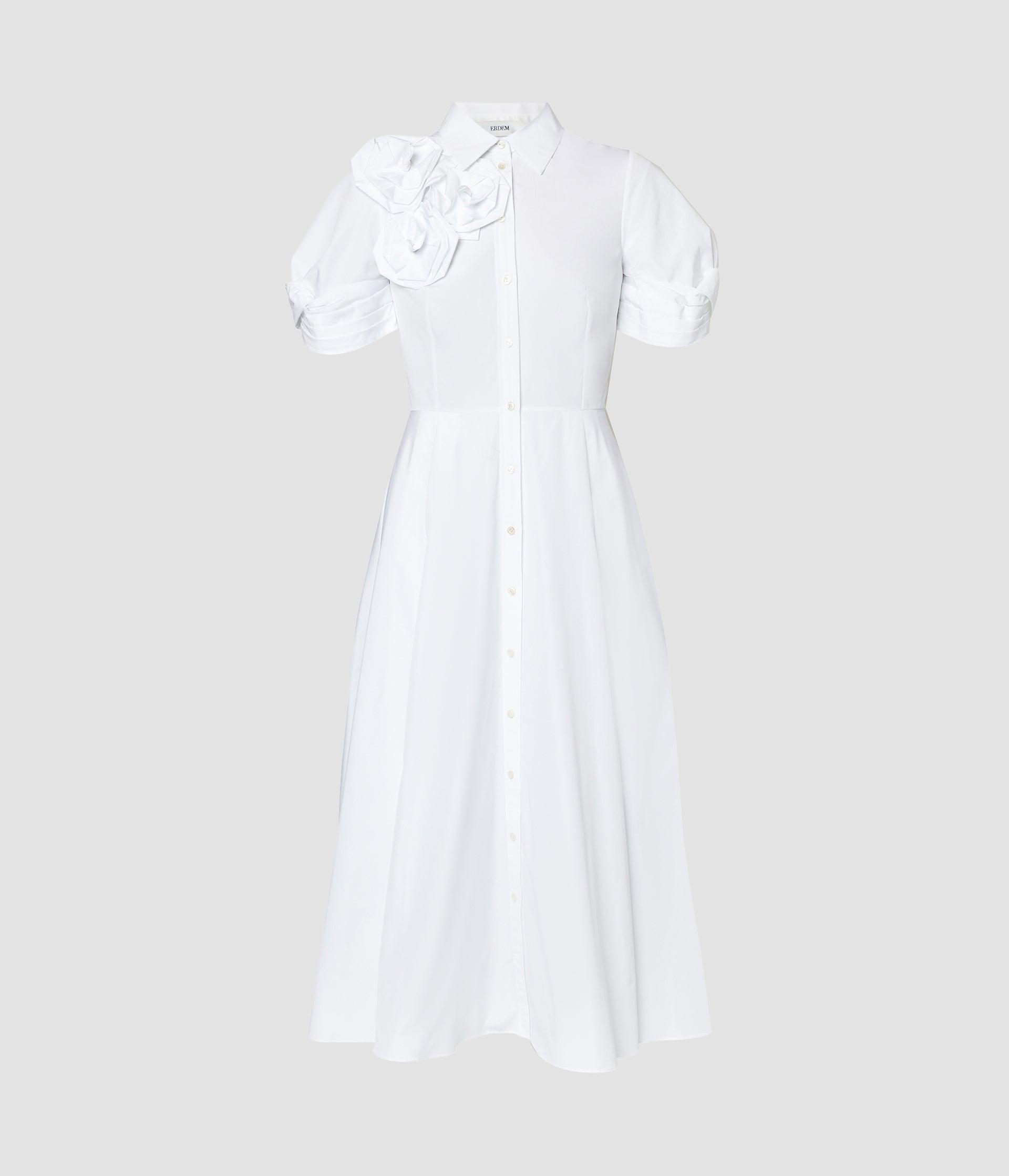 SHORT SLEEVE MIDI SHIRT DRESS WITH ROSETTES