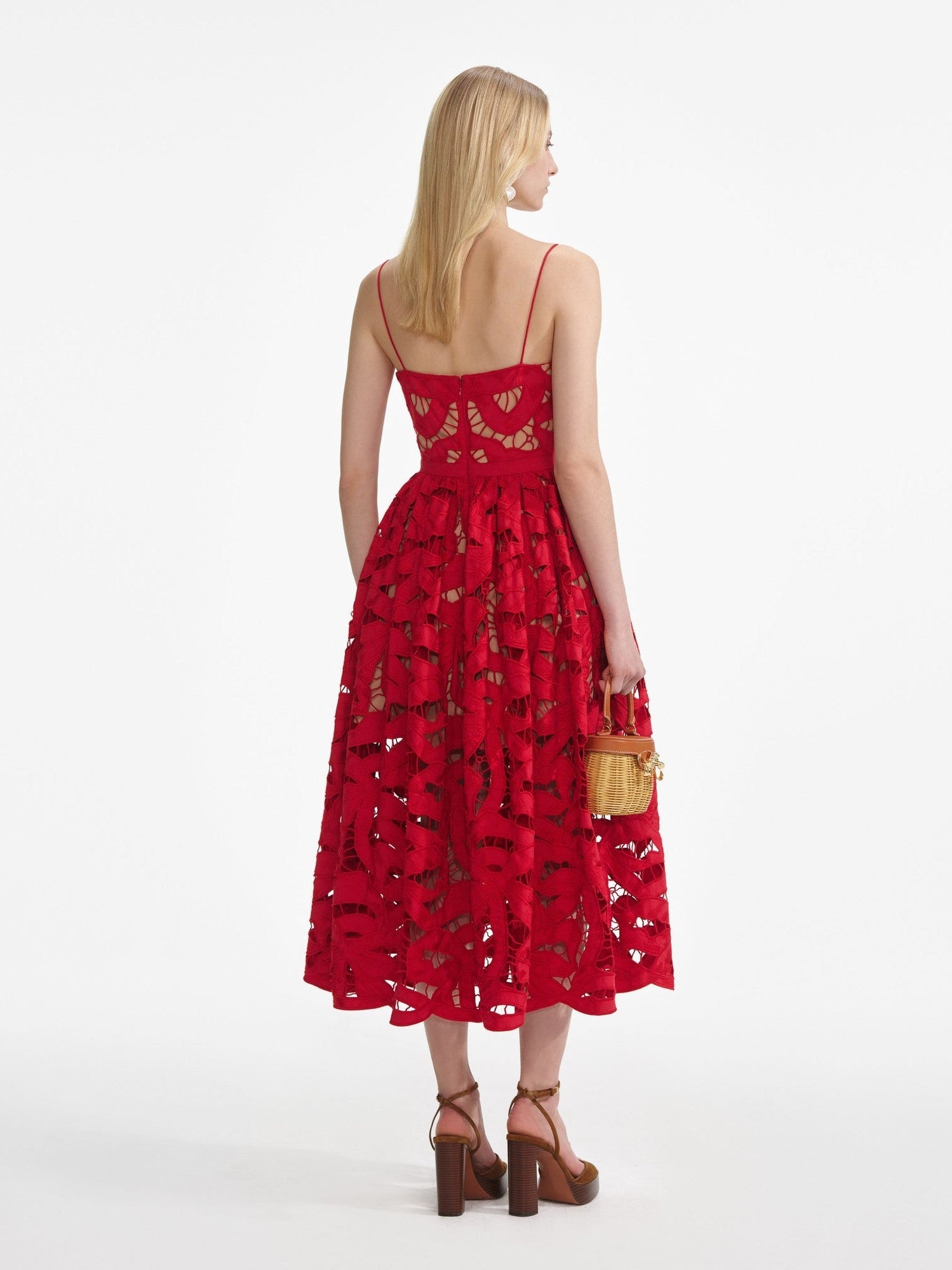 Red bow embroidered midi dress