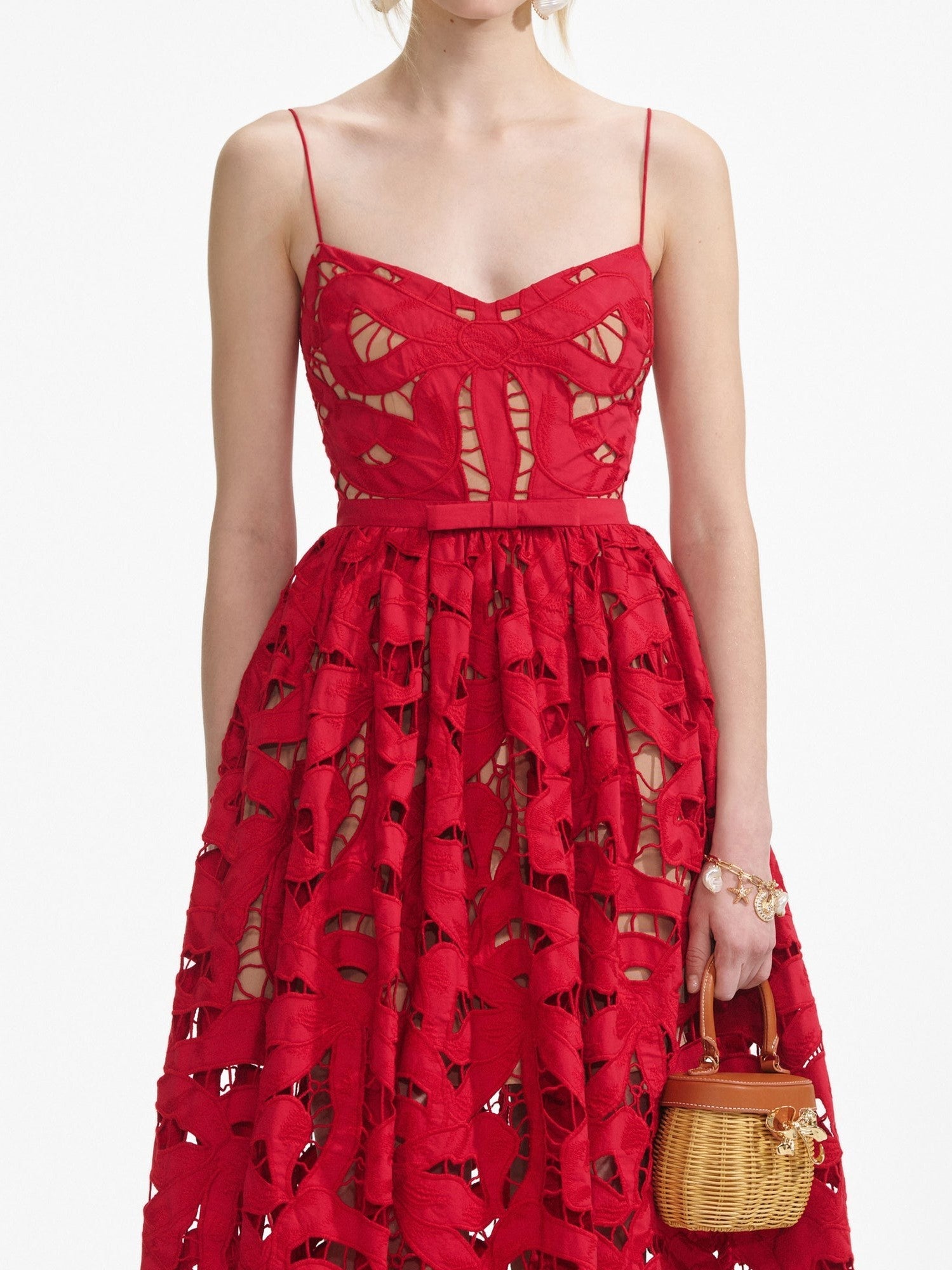 Red bow embroidered midi dress
