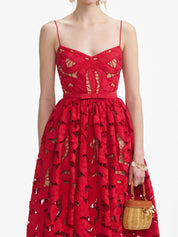 Red bow embroidered midi dress