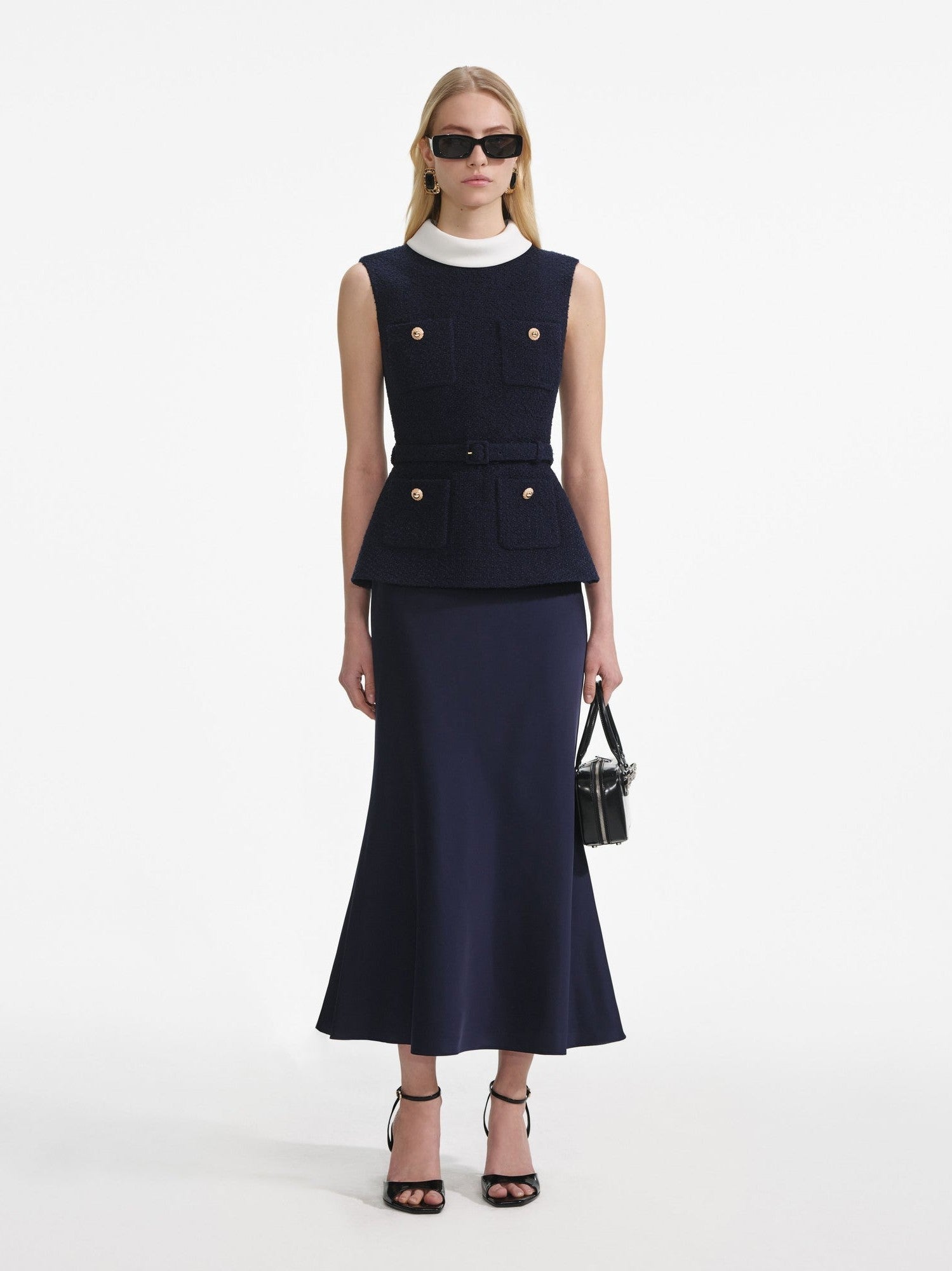 Navy boucle sleeveless midi dress