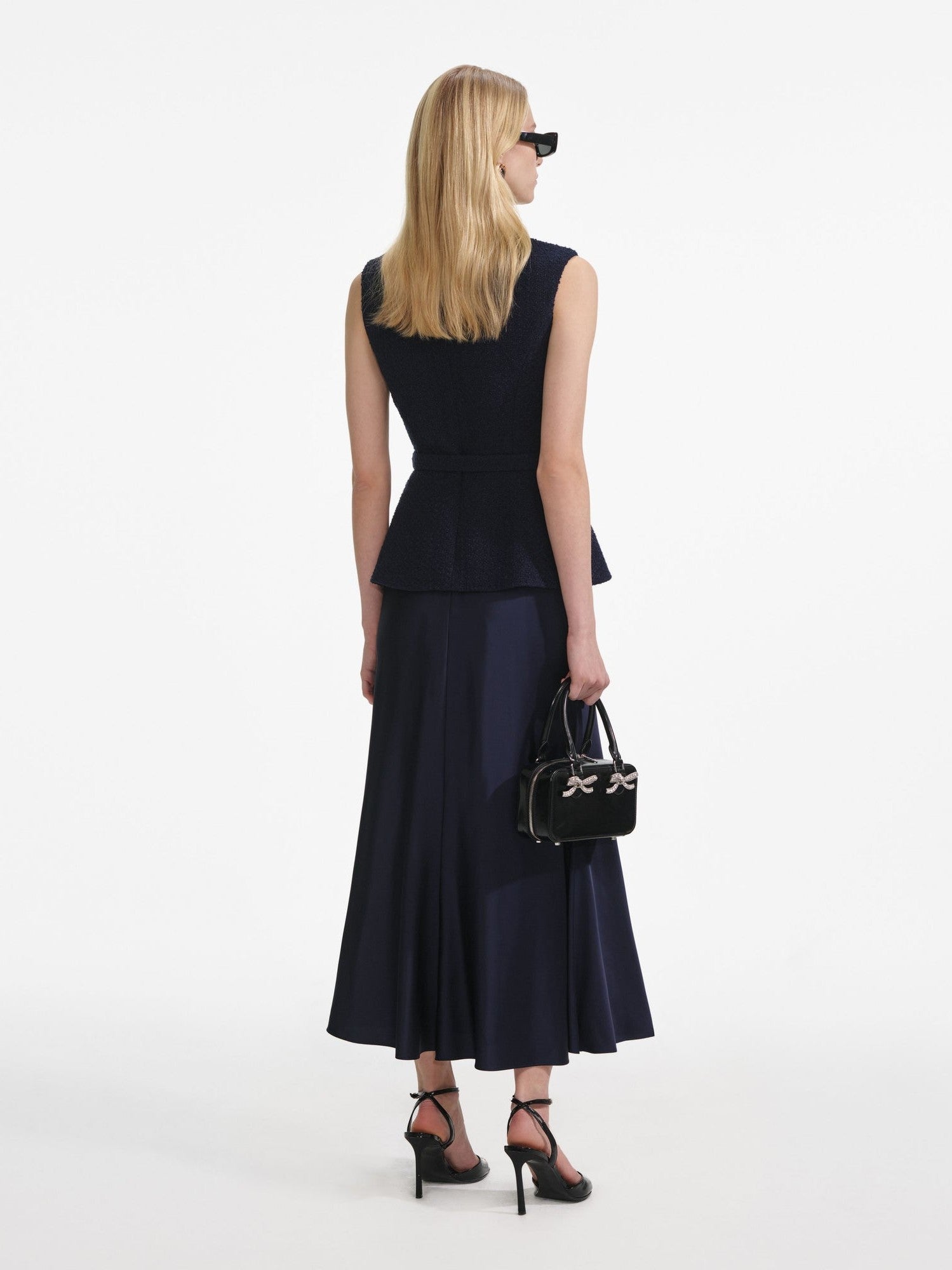 Navy boucle sleeveless midi dress