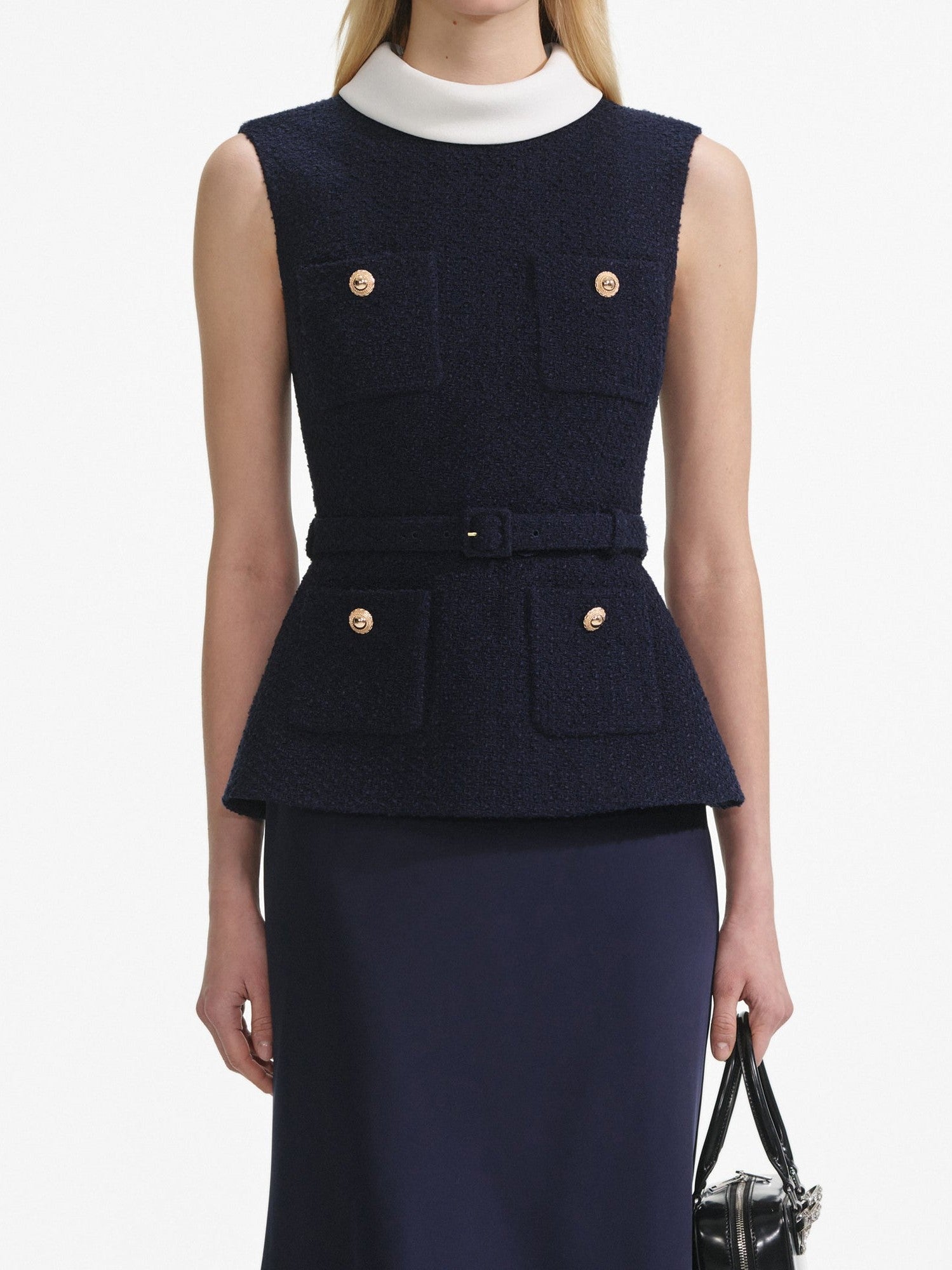 Navy boucle sleeveless midi dress