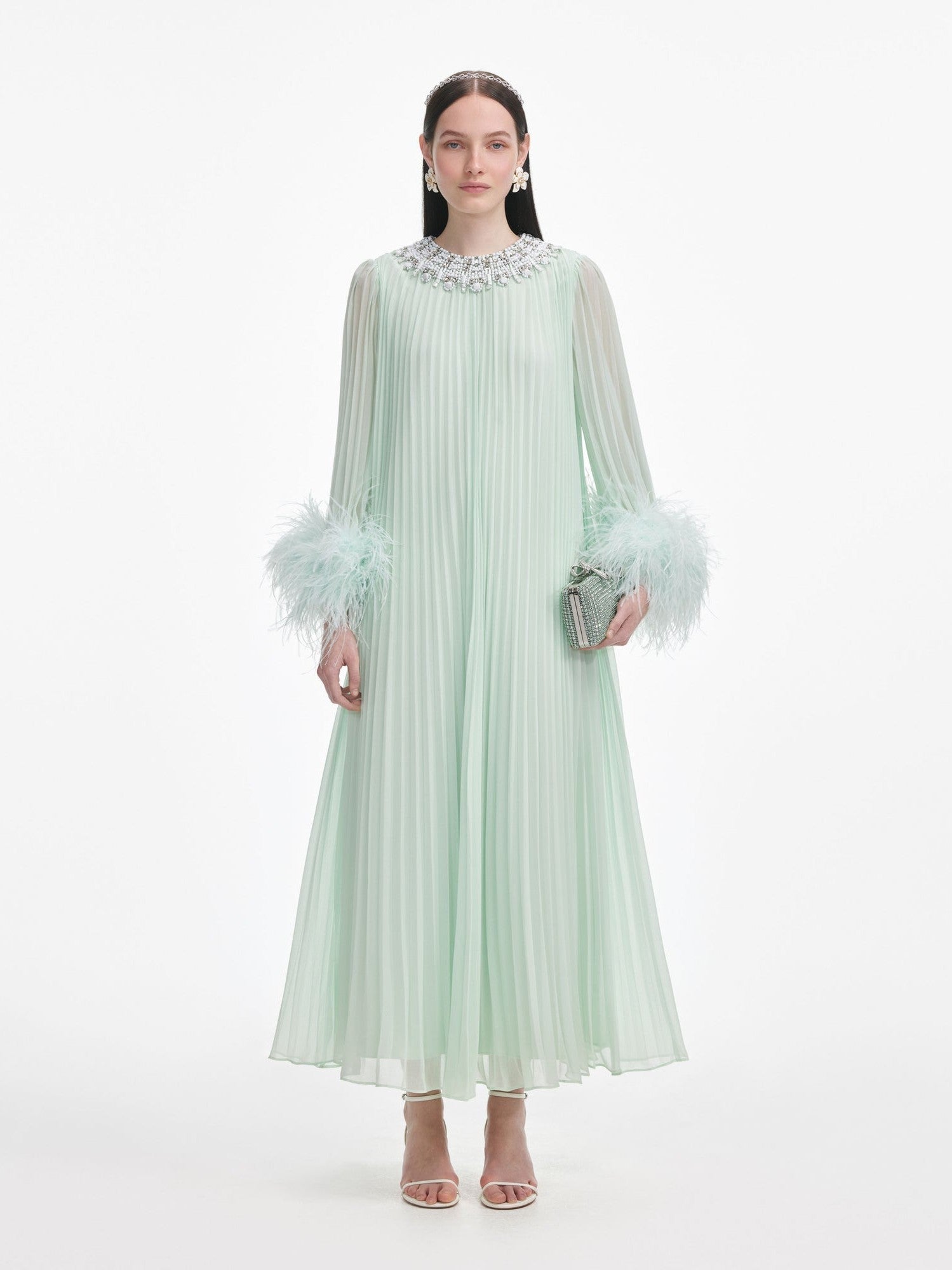 Mint chiffon feather midi dress
