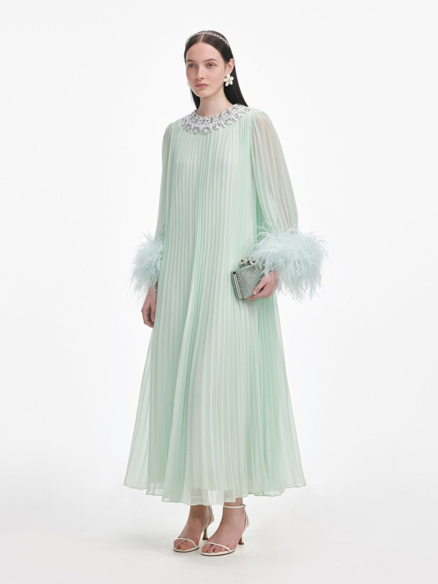 Mint chiffon feather midi dress