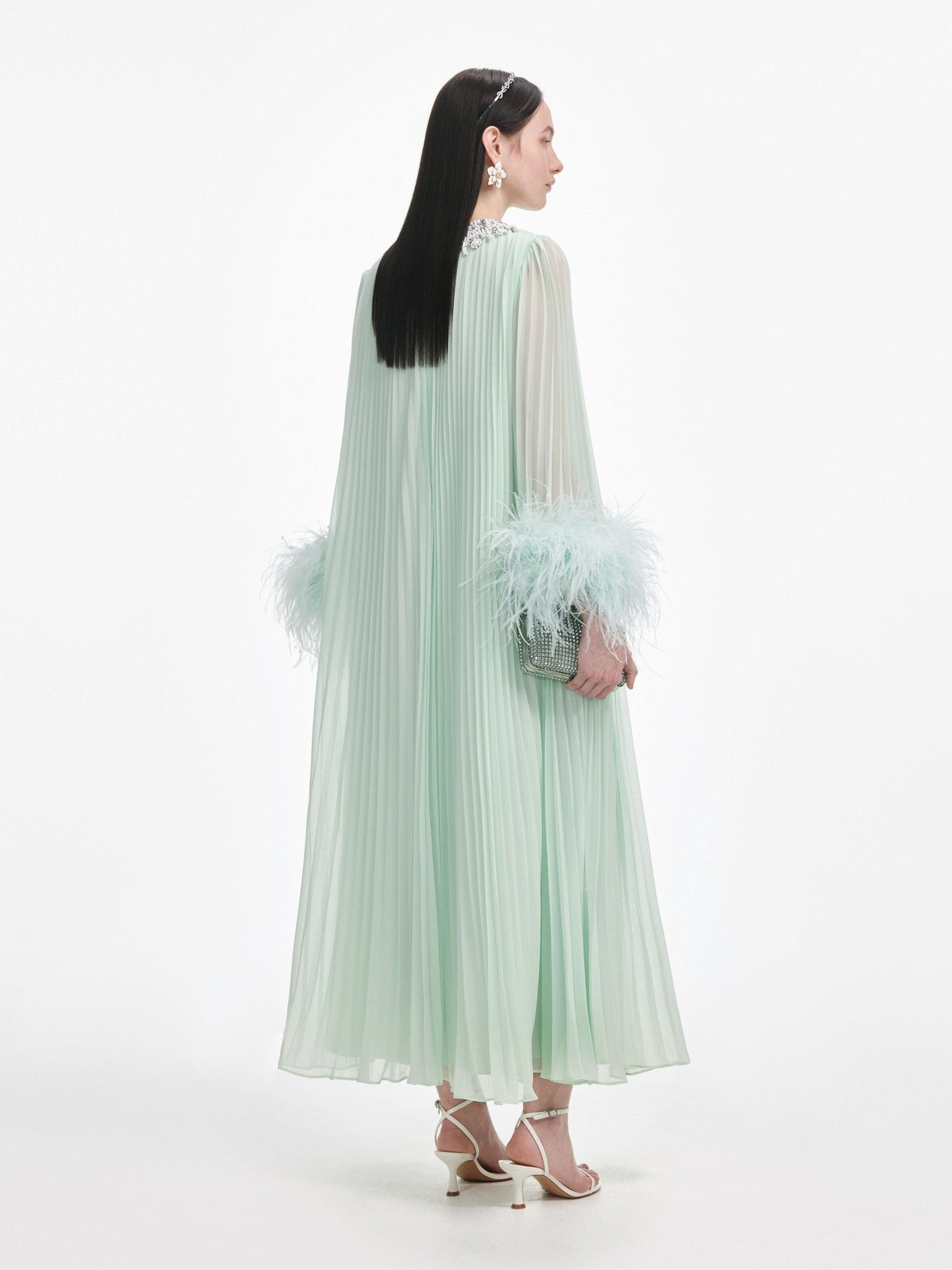 Mint chiffon feather midi dress