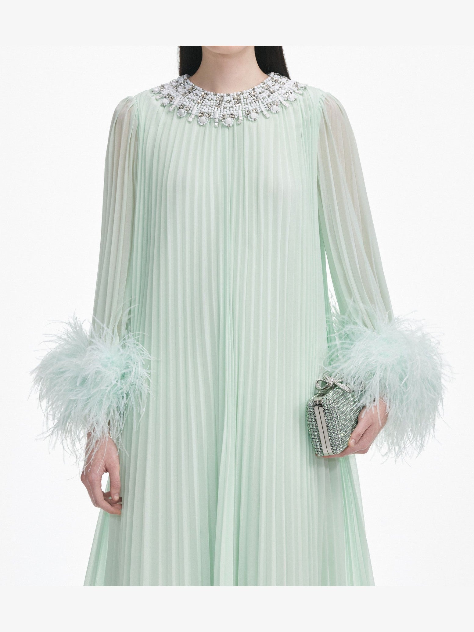 Mint chiffon feather midi dress